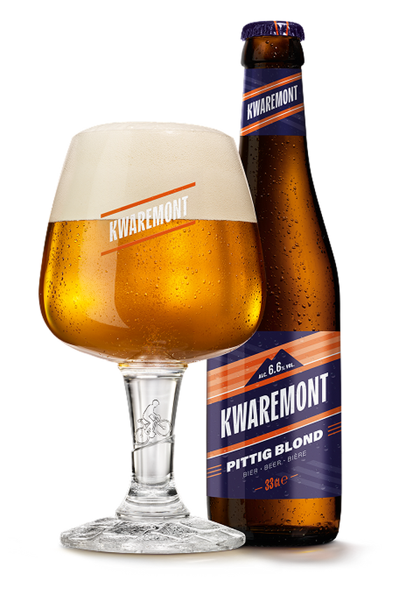 Kwaremont Pittig Blond bierfles en glas met schuimkraag